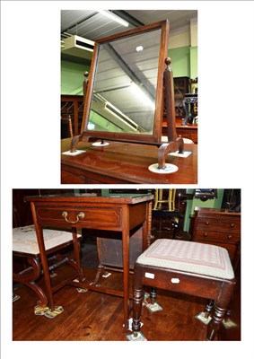 Lot 774 - A small inlaid mahogany side table, a Victorian stool with drop-in seat and a dressing table mirror