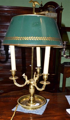 Lot 830 - Brass three branch ";bouillotte"; lamp with green tin shade