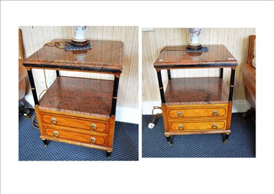 Lot 865 - Pair of American satin birch bedside tables with granite tops