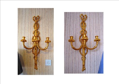 Lot 871 - Pair of giltwood three light wall lights