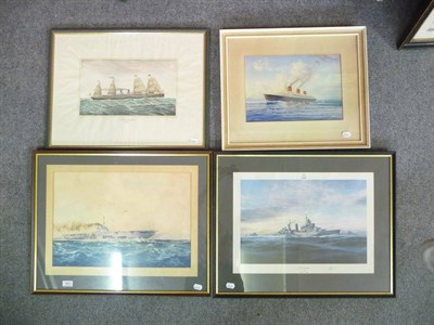 Lot 902 - Gordon Ellis, 'HMS Ark Royal', another watercolour of a steamboat by Gordon Ellis and two...