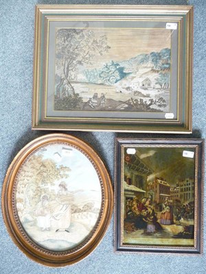 Lot 981 - A glass painting, frame and needlework picture (3)