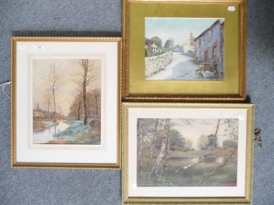 Lot 998 - A watercolour of a river and trees signed F Goff, a watercolour of a village in Derbyshire and...