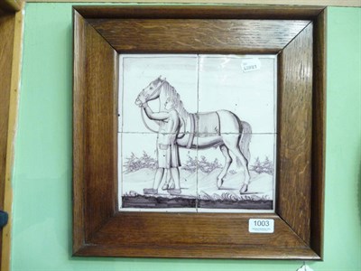 Lot 1003 - An Oak framed tile plaque depicting a horse