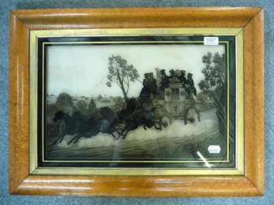 Lot 1027 - A reverse painting depicting a stagecoach, titled ";Nearing the Journey's End"