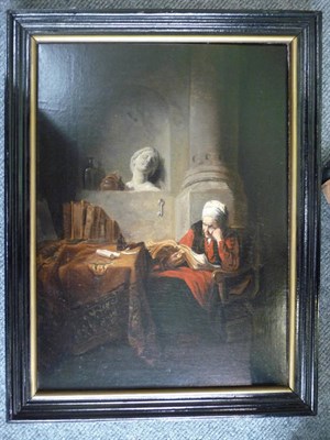 Lot 1034 - After 'Rembrandt', the artist seated holding a book, seated beside a stone column, oil on canvas