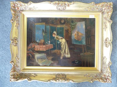 Lot 1049 - English School (19th century), An interior scene with a young lady looking in a mirror, Signed...