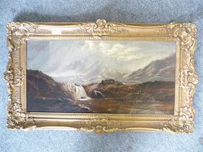 Lot 1050 - Charles Leslie (1835-1890), A mountainous landscape with figures beside a waterfall, Signed and...