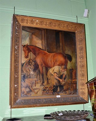 Lot 1051 - After Sir Edwin Landseer, a gilt framed oil on canvas The Blacksmiths Forge