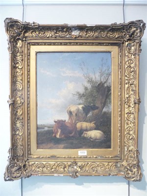 Lot 1052 - Circle of Thomas Sidney Cooper, oil on board, cattle and sheep beside a willow tree