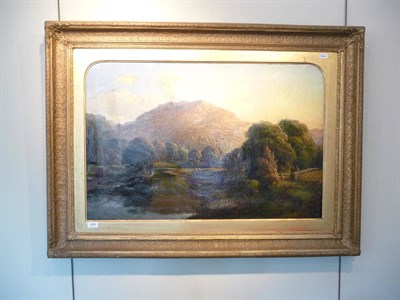 Lot 1056 - Large oil painting by Charles Stuart - Summer river landscape with figures and cattle