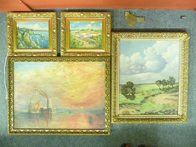 Lot 1066 - J D Henderson, a pair of gilt framed oils on board, landscape and seascape, a gilt framed oil...