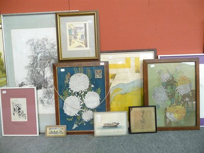 Lot 1067 - Mary Rennell, a framed watercolour landscape, a framed watercolour depicting flowers, and...