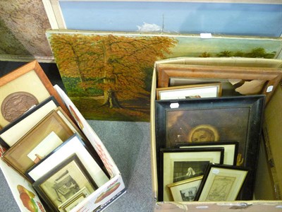 Lot 1069 - An oil on canvas of a seascape, signed Hayes, an unframed oil, a river landscape and two boxes...