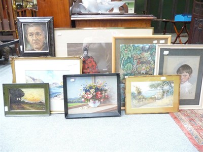 Lot 1072 - Eight framed watercolours and oils including a portrait signed John Coquin?, a still life,...