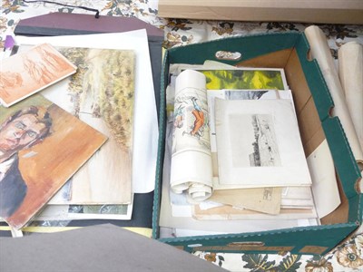 Lot 1074 - Two folios and a box of unframed watercolours and prints of various subjects including a small...