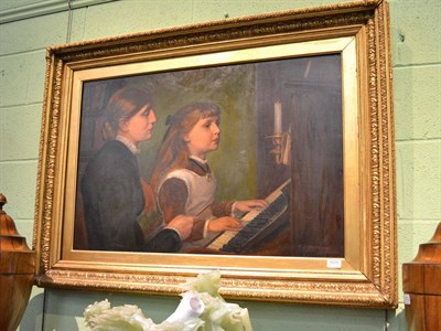 Lot 1078 - Large gilt framed oil painting, ";The Piano Lesson"; signed C J Durham 1880