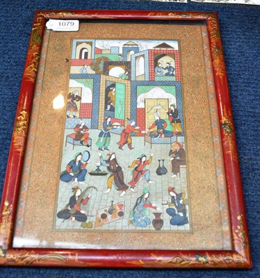 Lot 1079 - A Persian miniature, early 20th century, painted with dancing figures and musicians before a...