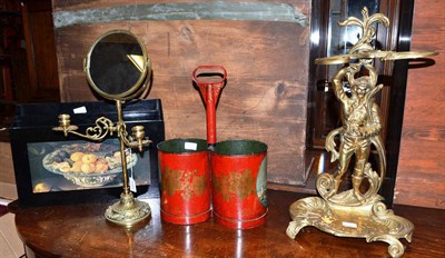 Lot 1159 - Reproduction brass stick stand, mirror with two candle branches, painted tin double bottle...