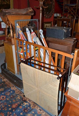 Lot 1162 - A child's cot, a blanket box, rush seated stool, a drop leaf table, a three drawer chest, two...