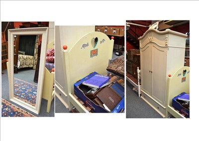 Lot 1196 - A child's painted wardrobe, two painted single beds, a wall mirror and a dressing table mirror (5)