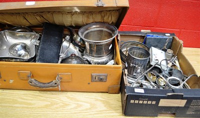 Lot 1208 - A suitcase and a box of assorted silver plate, wine cooler, silver fish slice and fork etc