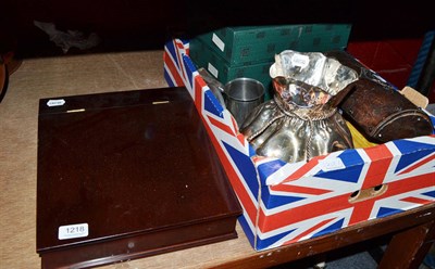 Lot 1218 - Mixed items comprising silver plated sack vase, leather coffer, three boxed sets of French...