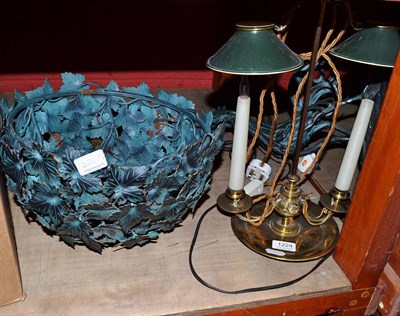 Lot 1224 - Green-patinated cockerel lamp, two branch ";bouillotte"; lamp and a foliate dark green ceiling...