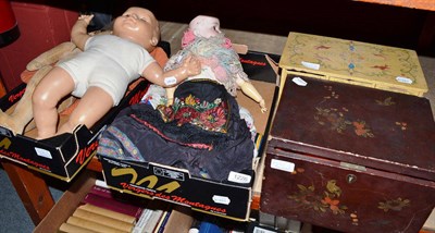 Lot 1226 - Three dolls, guitar, a small painted jewellery chest with fitted drawers and a sewing box and...