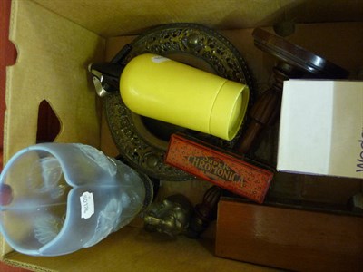 Lot 1246 - A box including glass vase, wood lamp etc