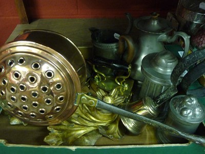 Lot 1255 - Two Victorian pewter jelly moulds, pewter coffee pot and jug, brass smoothing iron, 7lb weight,...