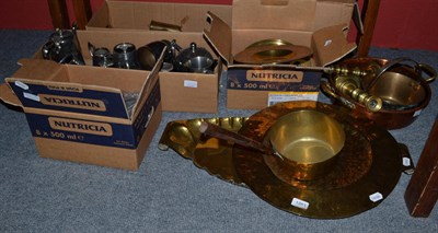 Lot 1261 - A quantity of assorted small copper and brass, silver plate, flatware, brass candlesticks, jam pan