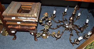 Lot 1268 - Eight branch metal light fitting, four branch candle holder, early 20th century foot stool, a brass