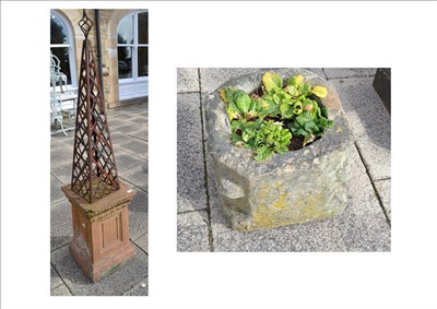 Lot 1278 - A small garden trough, pedestal and metal obelisk