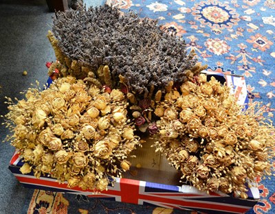 Lot 1284 - Pair of plated cache-pots with dried flowers and three arrangements of dried flowers