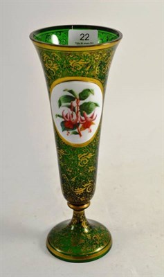 Lot 22 - A 19th century Bohemian green glass and gilt decorated tapering vase