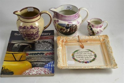 Lot 24 - Three pink lustre jugs, pottery plaque and a book 'Sunderland Pottery'
