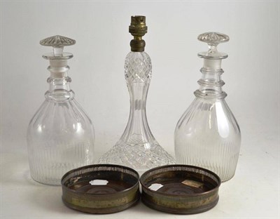 Lot 42 - A pair of Georgian decanters with two stoppers, pair of old Sheffield plate decanter stands and...