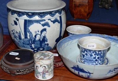 Lot 66 - Chinese blue and white jardiniere with Kangxi mark, two small flower pots with stands, a bowl,...