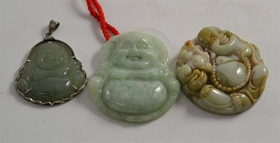 Lot 101 - Three Chinese jade/jadeite type Pu-tai pendants