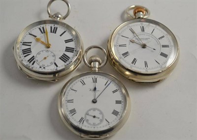 Lot 104 - A silver open faced chronograph pocket watch, silver open faced pocket watch and another open faced