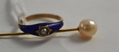 Lot 120 - A pearl and blue enamelled ring and a pearl stick pin