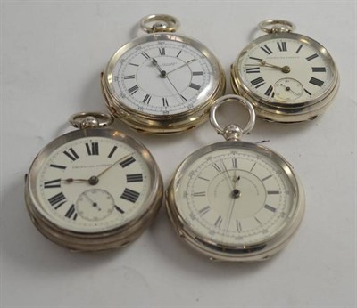 Lot 130 - Two silver chronograph pocket watches, cases with Birmingham hallmarks, and two silver open...