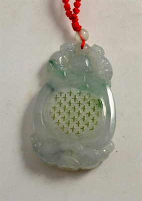 Lot 142 - Chinese jadeite (certificated) pierced monkey and peach pendant