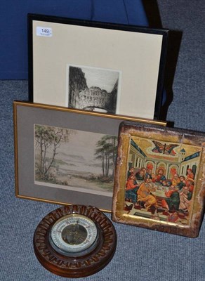Lot 149 - A gilt religious Icon, walnut circular aneroid barometer and two framed prints signed in pencil