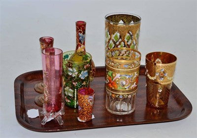 Lot 191 - Tray of nine pieces of coloured glass including pair of Victorian overlay posy vases, bottled...