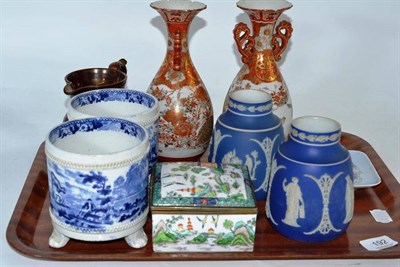Lot 192 - A tray including a pair of Japanese Kutani vases, copper lustre jug, Crown Staffordshire...