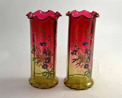 Lot 200 - Pair of ruby and green tinted floral decorated vases