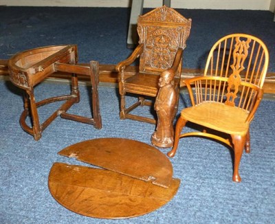 Lot 202 - Miniature Windsor chair, Wainscott chair and gatleleg table and figure carved by Colin Grimley,...