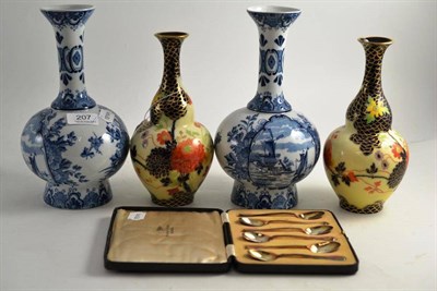 Lot 207 - Pair of Vienna vases, a pair of Delft vases and cased spoons